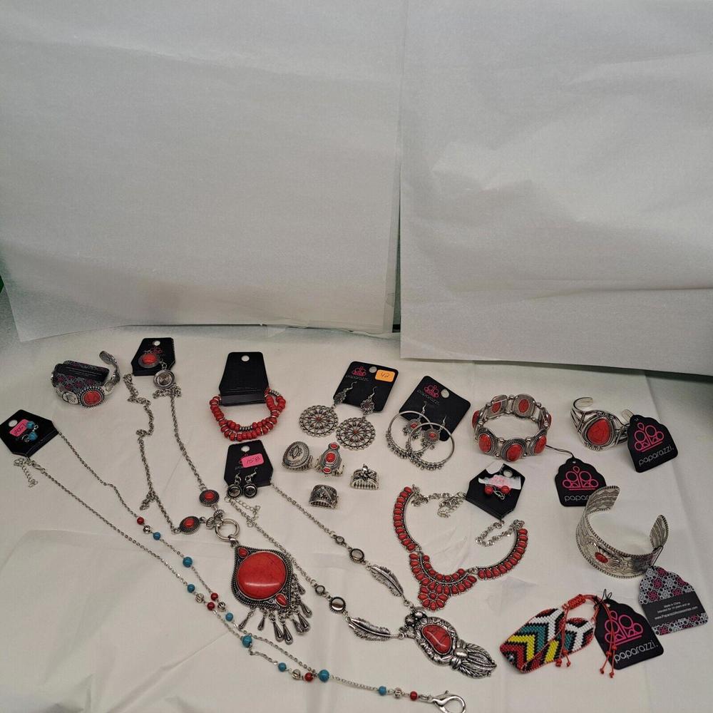 Paparazzi Jewelry Lot 16 Pieces, Western Style, Red And Silver Toned